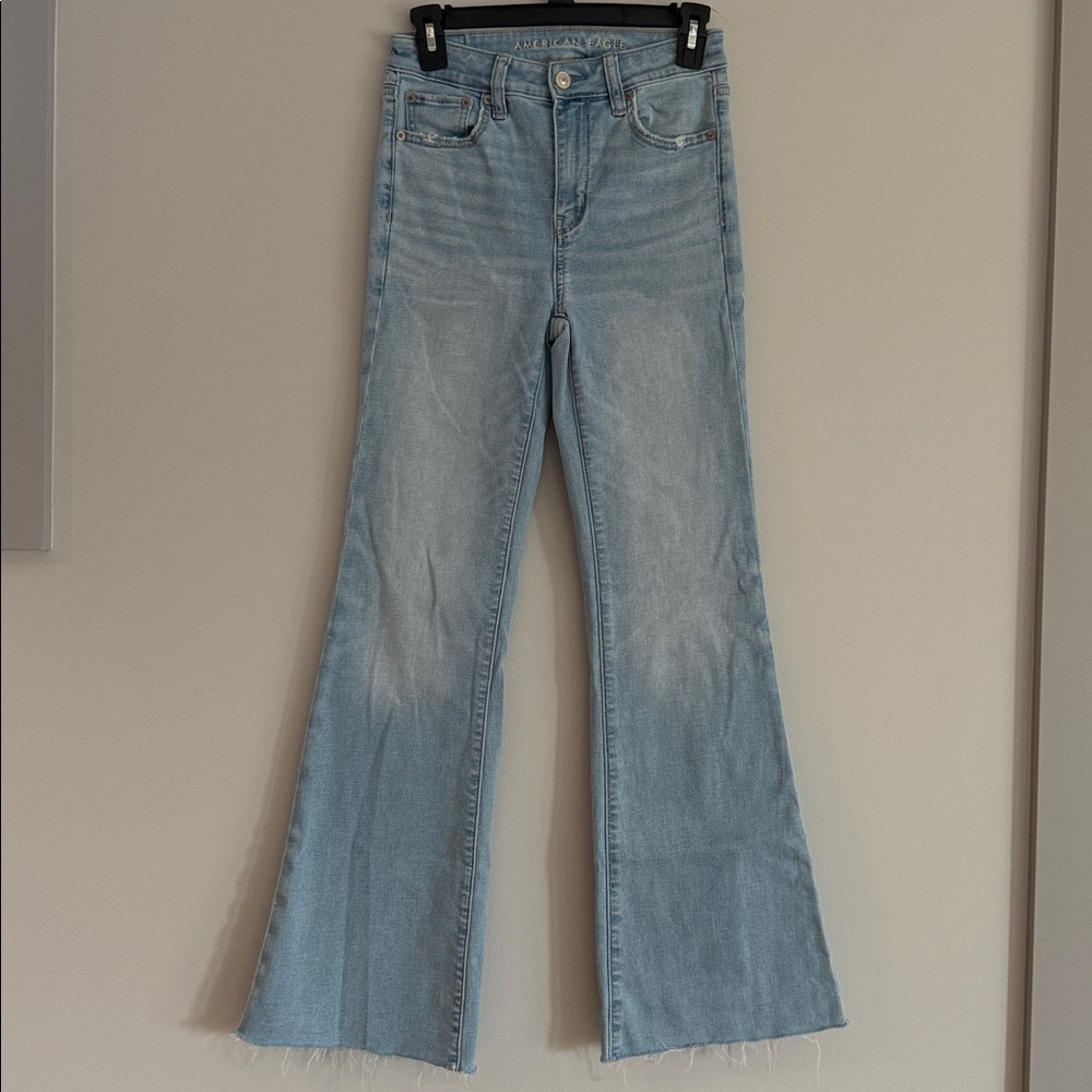 American Eagle Outfitters Super High Rise Flare Light Wash Jeans 0 regular